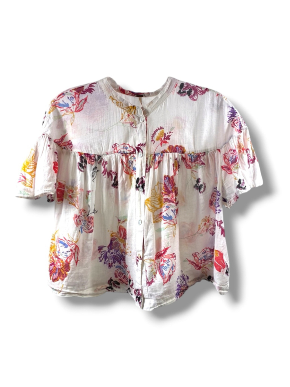 Free People Floral Short Sleeve Cropped Blouse White Multicolor Size S